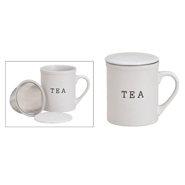 Teebecher TEA aus wei&szlig;er Keramik mit Metall Sieb