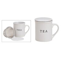 Teebecher TEA aus weißer Keramik mit Metall Sieb