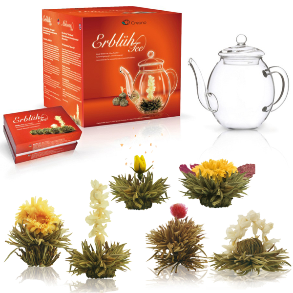 Geschenkset Teeblumen mit Teekanne, wei&szlig;er Tee